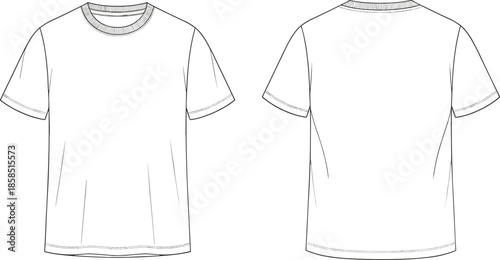 Flat vector technical sketch of a basic crew neck short sleeve t-shirt front back view