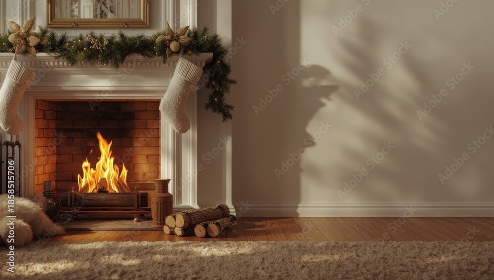 Fototapeta premium Wood-burning fireplace with high flames in a house during winter, providing heat and light, Christmas holiday, seasonal ambiance