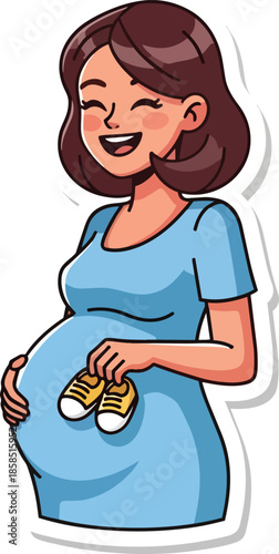 Pregnant woman in blue dress smiling holding baby shoes on her belly happily