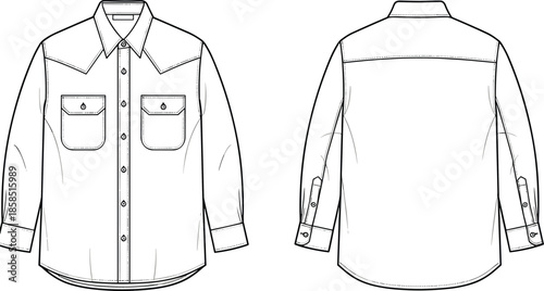 Flat vector technical sketch of a long sleeve western denim shirt with front back view