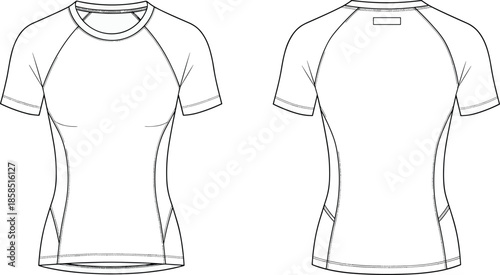 Flat vector technical sketch of a womens raglan sleeve activewear t-shirt with front and back view
