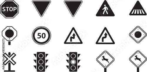Black Traffic and Road Signs Icons Set – Stop, Warning, Speed Limit, Pedestrian, Traffic Light Symbols