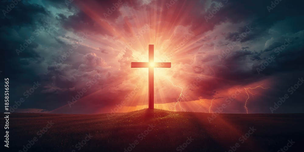 Fototapeta premium Church cross in stormy sky with lightning and sunlight, symbolizing divine presence, World Malaria Day