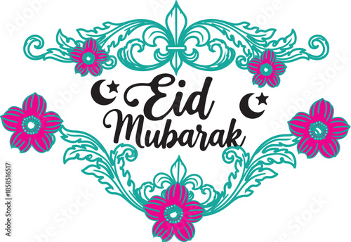 Eid Mubarak Typography with Teal Filigree Frame and Pink Flowers