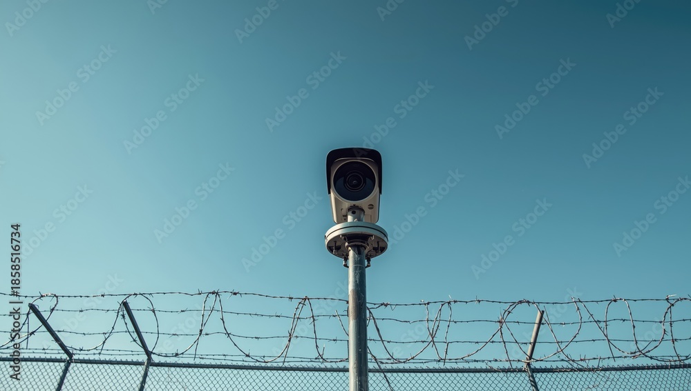 Obraz premium Surveillance device installed on a fence in a restricted area highlighting security measures, World Security Day