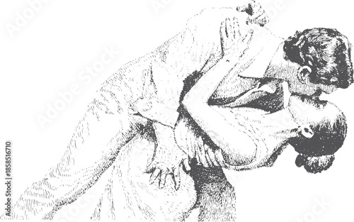 A couple kissing in a dance pose. A romantic black-and-white vector illustration captures an intimate moment between two people.