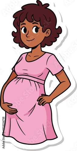 Pregnant woman in pink dress smiling happily holding her belly.