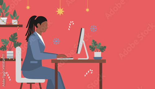 Corporate employee working during the Christmas and New Year holidays Festive business environment