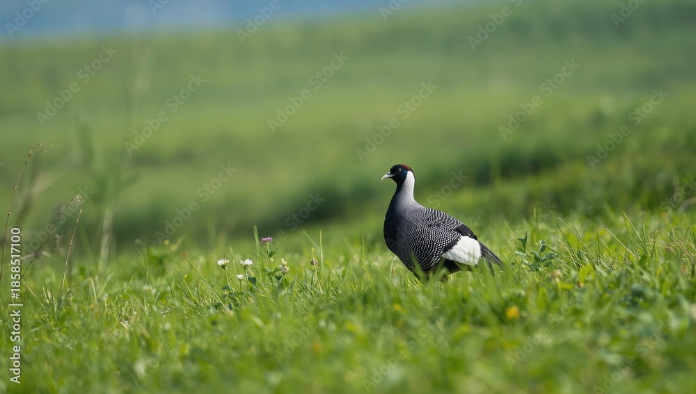 Obraz premium Guineafowl resting on grass with vibrant feather patterns, emphasizing wildlife observation and habitat preservation