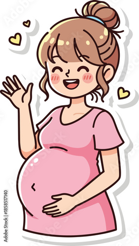 Pregnant woman in pink dress waving with hearts around her belly happily.