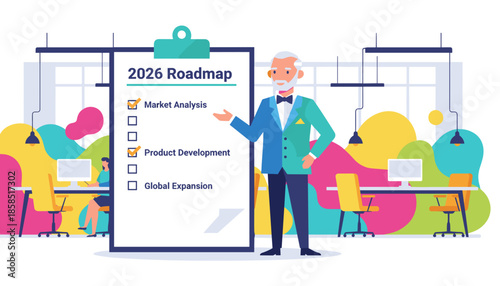 Senior business executive shows the 2026 Roadmap plan outlining market analysis and product strategy development