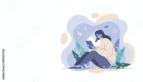 Lonely woman stressed by the holidays scrolling on a tablet near Christmas decorations Vector illustration