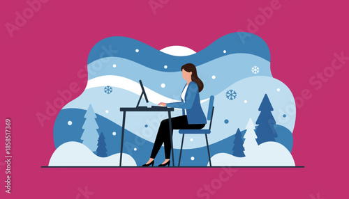 Professional woman working at a computer with a stylized winter landscape background Remote work