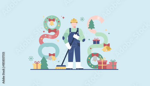Essential service worker sweeping among festive Christmas decorations and gifts Flat vector illustration