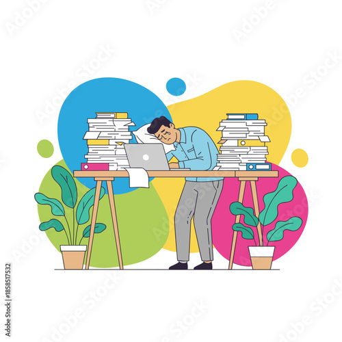 Overworked man sleeping on desk amidst huge stacks of documents Stress burnout and excessive office work concept