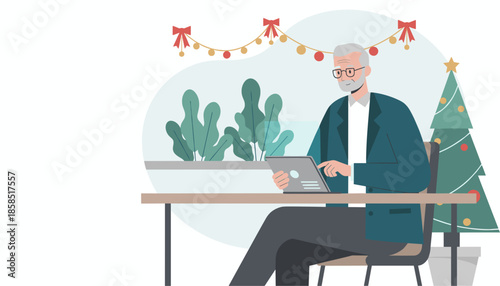 Senior professional uses digital tablet at desk with Christmas decor Remote work concept