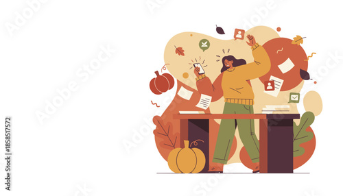 Stressed woman overwhelmed by constant notifications and office workload fall season stress illustration