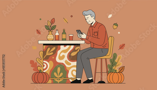 Senior man using a smartphone at a cozy counter decorated for autumn holidays and Thanksgiving