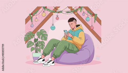 Young man sits on a beanbag using a smartphone in a cozy Christmasdecorated attic room Leisure and digital lifestyle