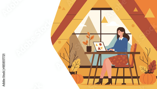 Woman working on laptop in a cozy fall attic home office Remote productivity concept