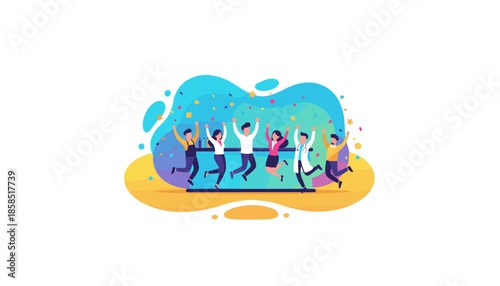 Professionals from different careers celebrating success jumping high with confetti