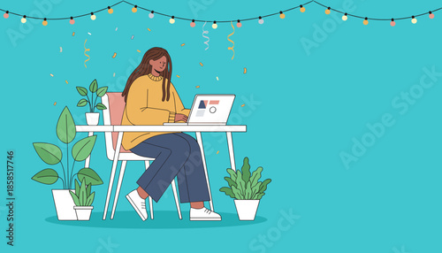 Happy woman working remotely on a laptop with festive string lights and plants