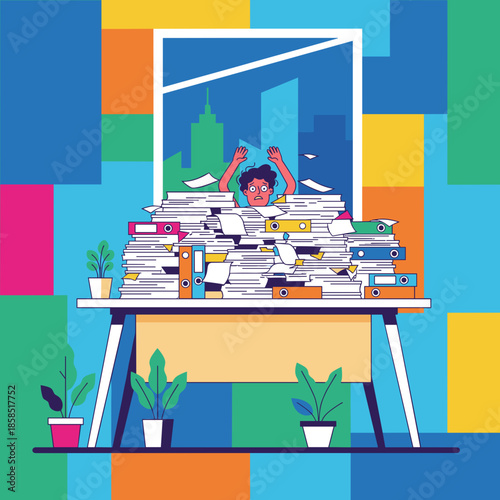 Stressed office worker buried in paperwork and files on a desk with a city view Overload burnout and bureaucracy concept