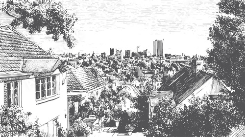 City view in black and white illustration. Urban landscape showcasing buildings, roofs, and natural elements in a classic vector set.