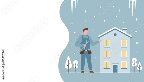 Professional handyman providing winter home maintenance and repair service against a snowy backdrop with copy space