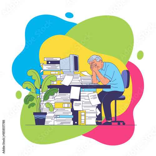 Overworked senior man stressed by endless paperwork and heavy deadlines at his desk