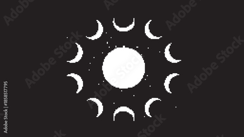 Phases of the moon and sun in a celestial illustration on a dark background