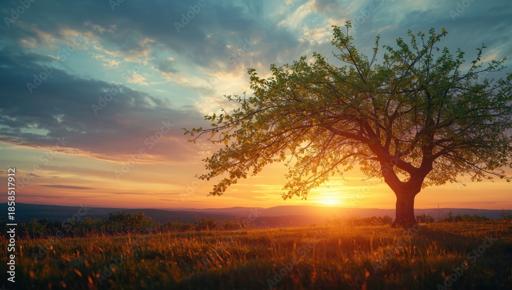 Fototapeta premium Cherry tree leaves at sunset with inscription Lifes end, unknown future, peering, seasonal change