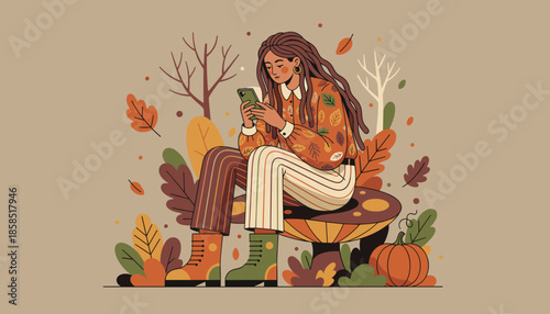 Woman using phone surrounded by fall leaves and pumpkin Modern autumn illustration