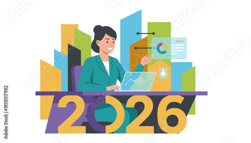 2026 business planning Woman analyzes charts and metrics for future growth