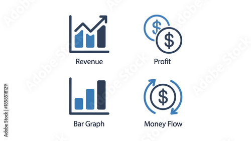 Financial growth icons in modern minimalist style with blue color scheme on white background for business infographics