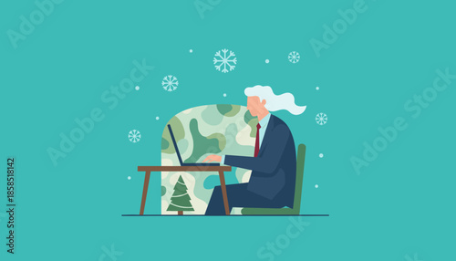 Remote professional working on laptop in winter digital business and seasonal productivity concept