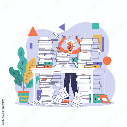 Stressed employee buried under mountains of office paperwork representing overwork bureaucracy and burnout