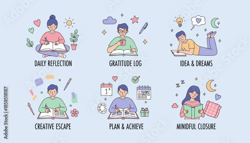 Journaling activities for selfcare reflection planning and achieving goals Vector illustration set