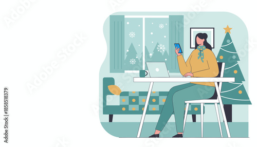 A woman works remotely on a laptop and phone at home during the winter holidays