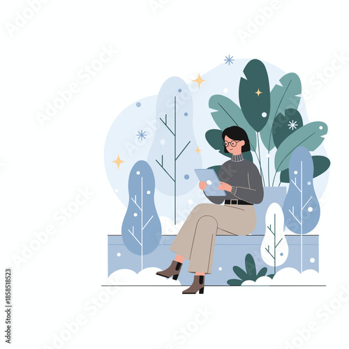 Modern woman sitting outside using a digital tablet in a calm stylized natural setting