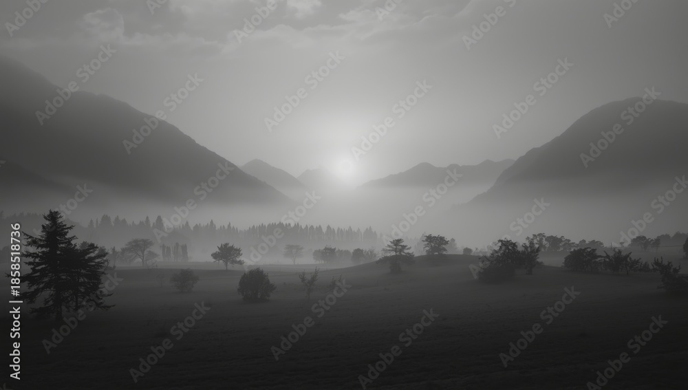 Fototapeta premium Tall monochrome photograph of a misty valley at dusk intended for editorial header background, natural scenery