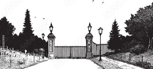 Illustration of a vintage gate entrance. Black and white vector design featuring trees, lamp, and a path leading to the gate in a simple illustration.