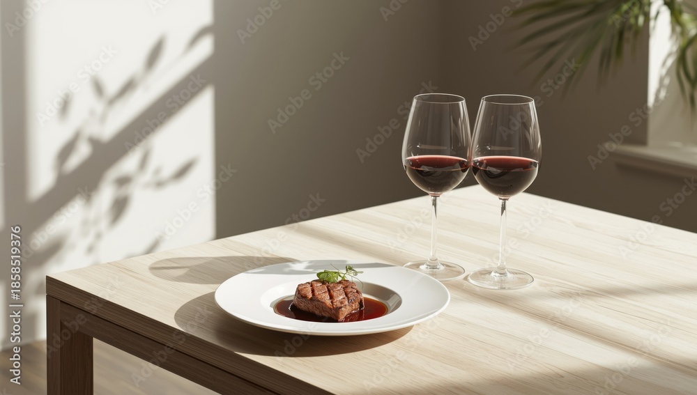 Fototapeta premium Dining arrangement with a beef entrÃ©e and red wine glasses, suitable for a formal dinner setting