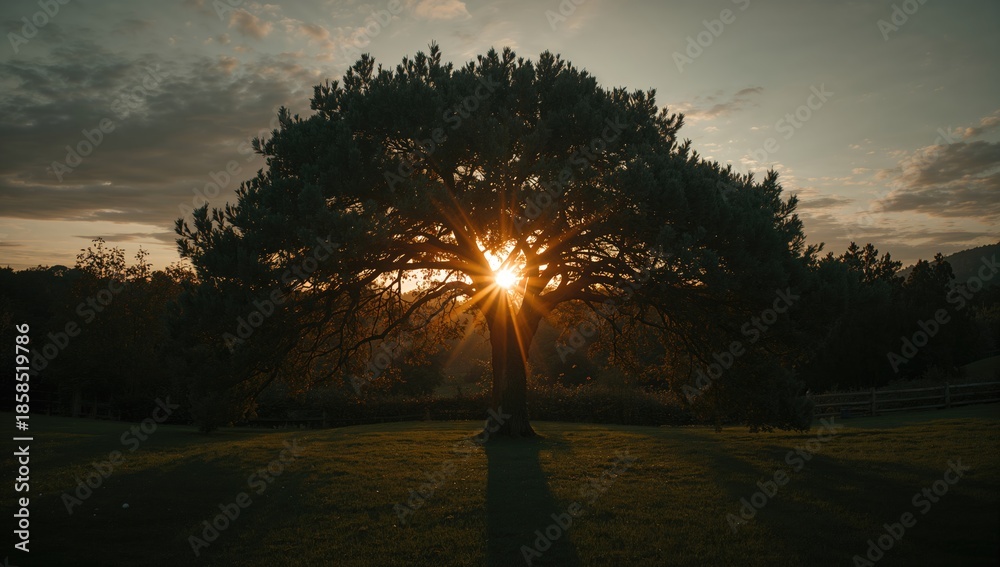 Fototapeta premium Tree silhouette against early morning sky in a rural setting highlighting natural preservation