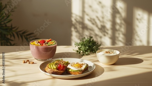 Wallpaper Mural Breakfast food scene in a neutral setting suitable for layout backgrounds, health benefits Torontodigital.ca