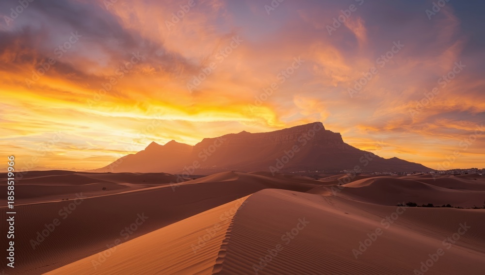 Naklejka premium Mountain outline at sunset behind rolling sand dunes, highlighting desert environment and evening light