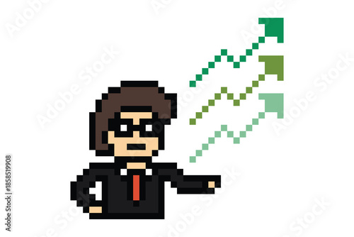 Cartoon cute businessman planning research investigation magnifying with chart and graph professional office problem business man strategy 8 bit pixel art.