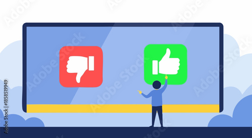 Small person choosing between like and dislike icons on a large screen