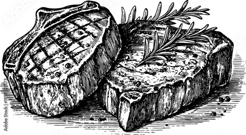 Vintage engraving of meat steaks with rosemary. This food illustration is presented in a retro style, ideal for culinary contexts as a vector set.