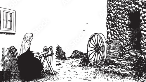 Woman spinning at a wheel in a black and white rural scene. Traditional craftsmanship vector illustration captures the essence of textile work.
